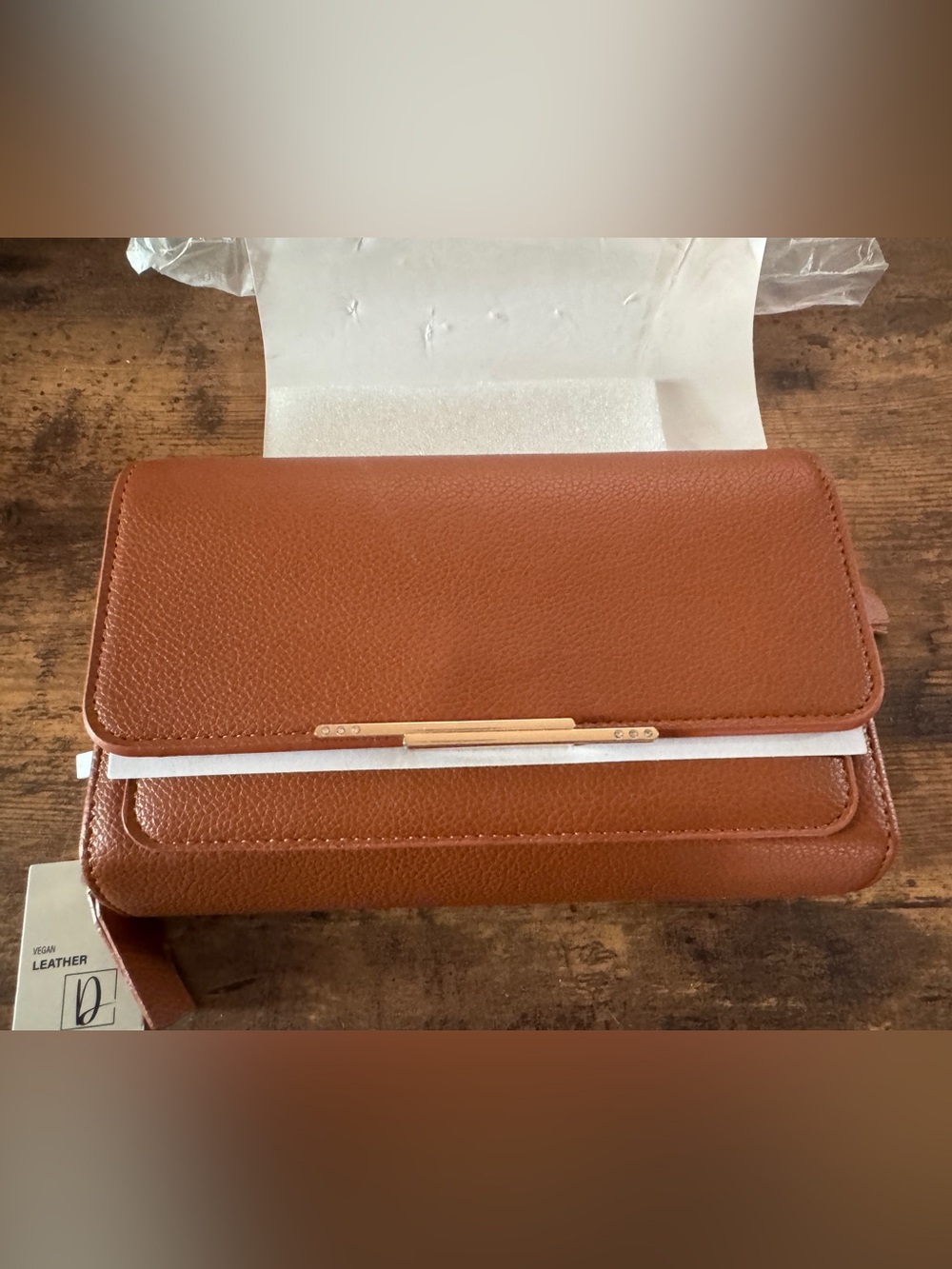 Elegant Tan Vegan Leather Crossbody Clutch with Gold Accent